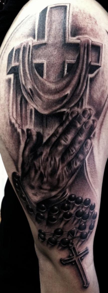 Brent Olson - Cross praying hands rosary religious black and grey half sleeve brent olson art junkies tattoo